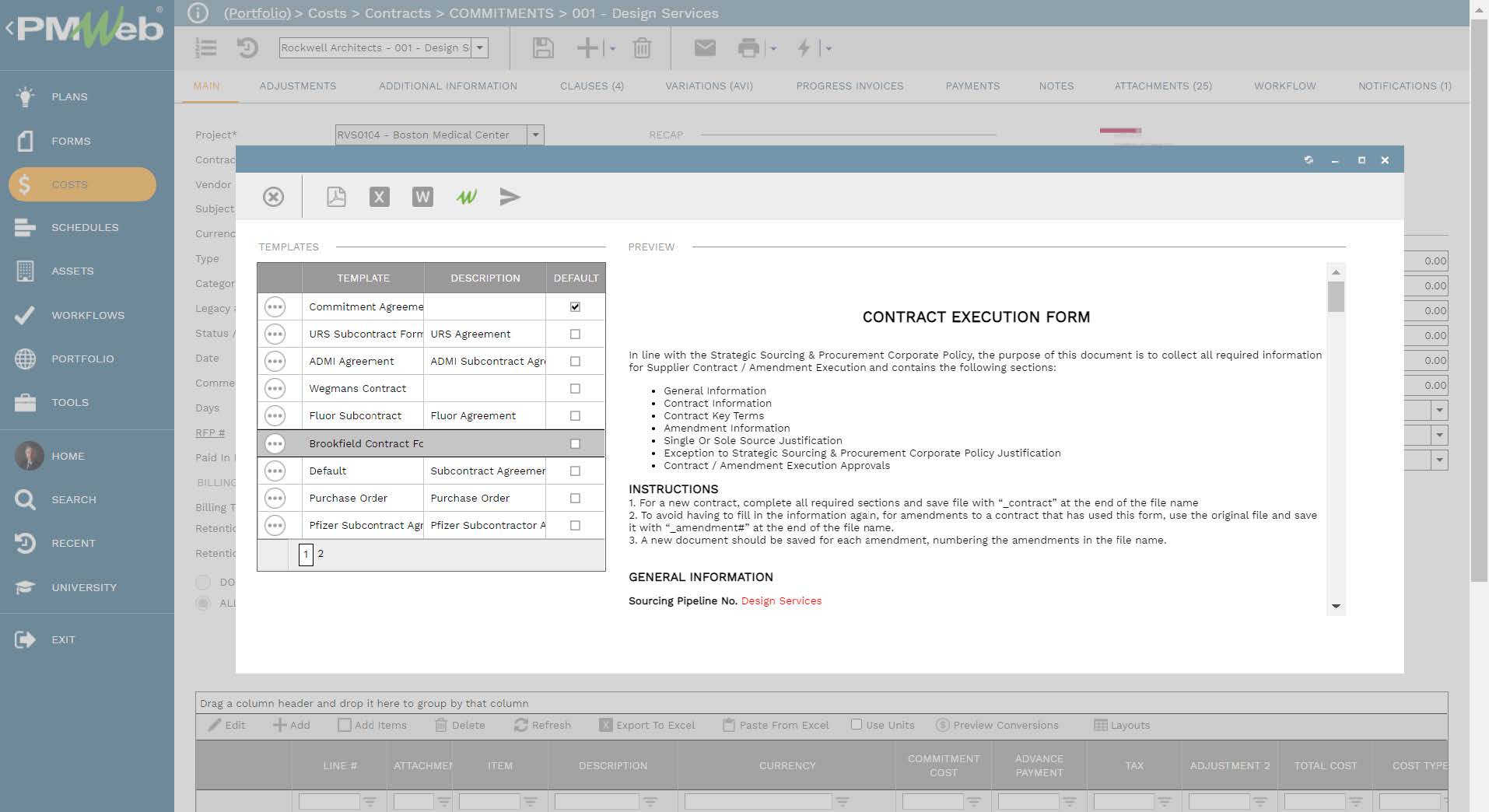 PMWeb 7 Costs Contracts Commitments  Design Service Main