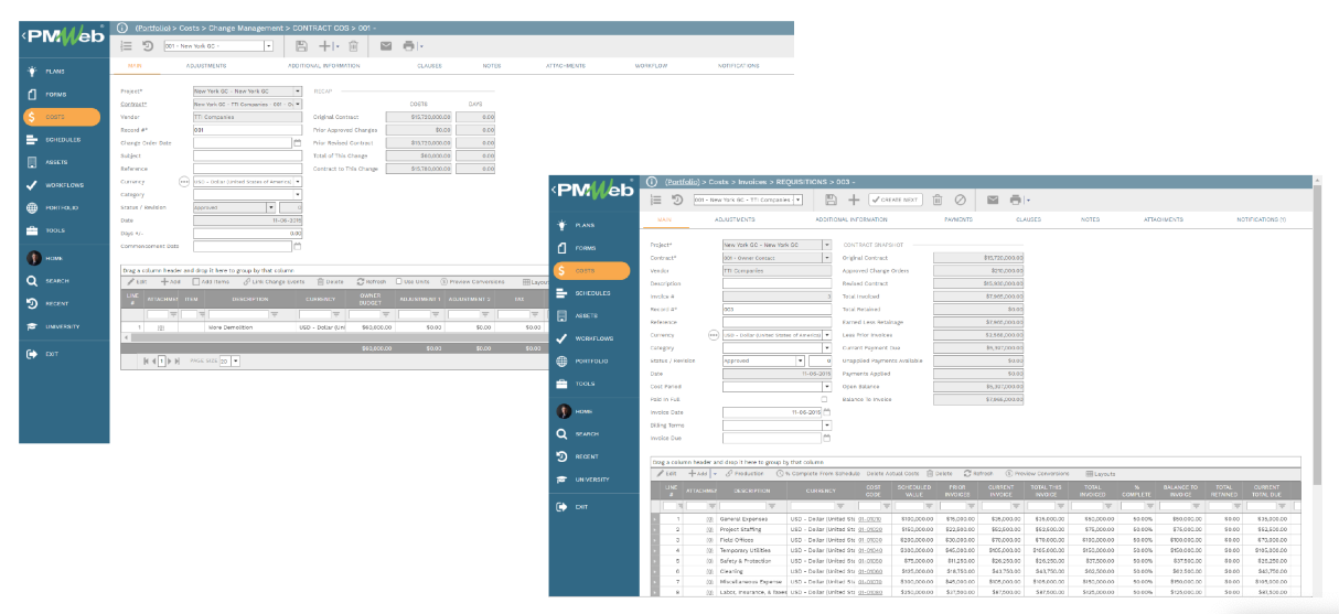 PMWeb 7 Costs Change Management Contracts COS Main
Costs Invoices Requisition 