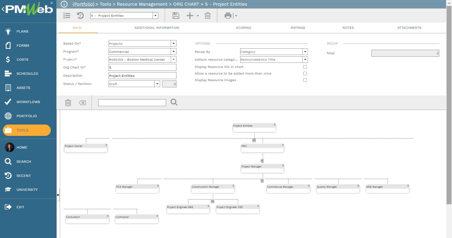 PMWeb 7 Tools Resource Managment ORG Chart Project Entities Main 
