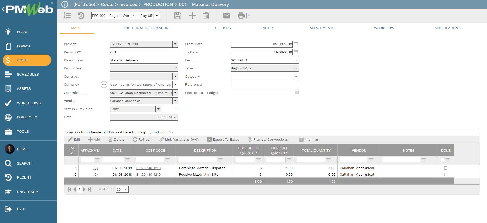 PMWeb 7 Costs  Invoices Production Material Delivery Main 