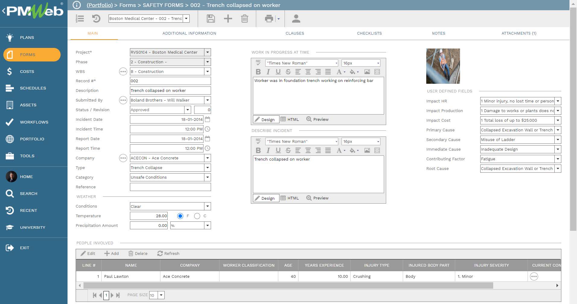 PMWeb 7 Forms Safety Forms Trench Collapsed on Worker Main