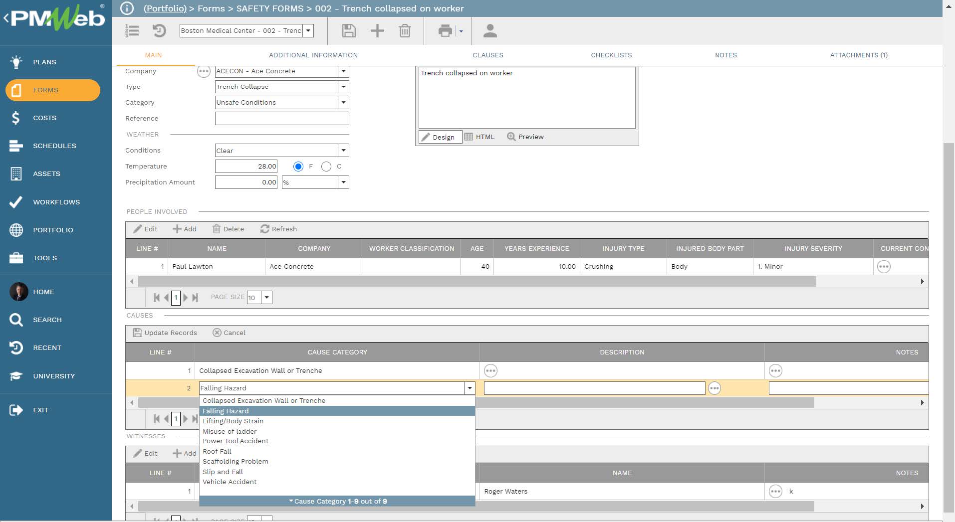 PMWeb 7 Forms Safety Forms Trench Collapsed on Worker Main