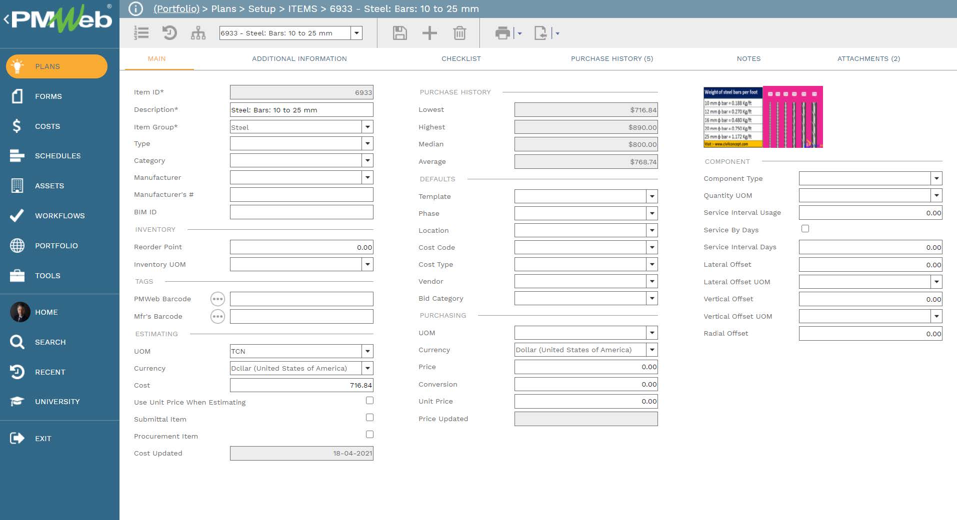 PMWeb 7 Plans Setup Items Main for the Material Price Index