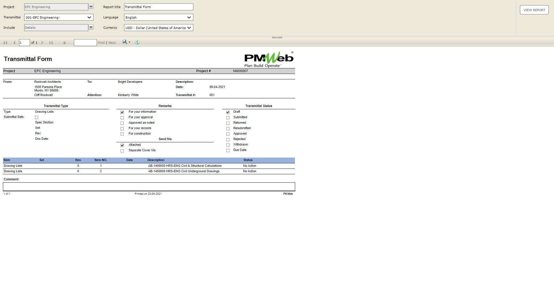 PMWeb 7 Transmittals Form