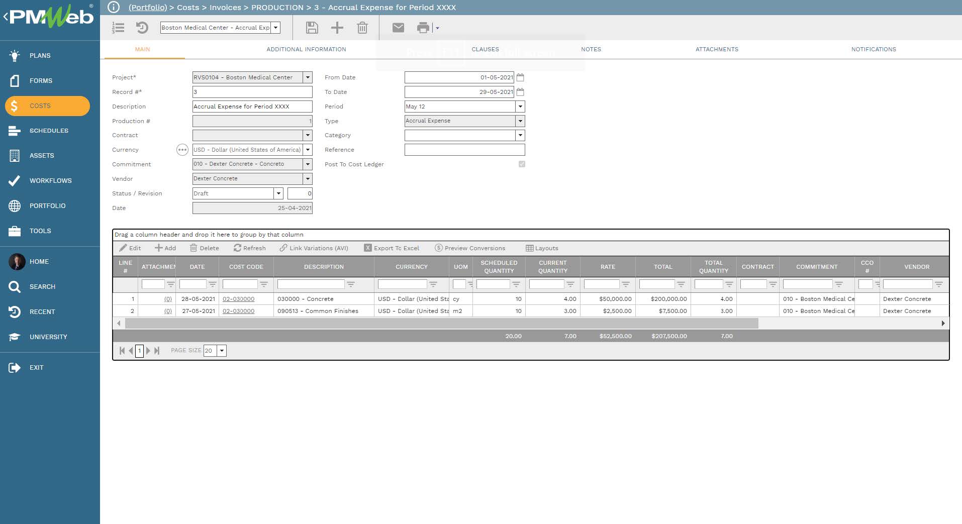 PMWeb 7 Costs Invoices Production Accrual Expense for Period Main 