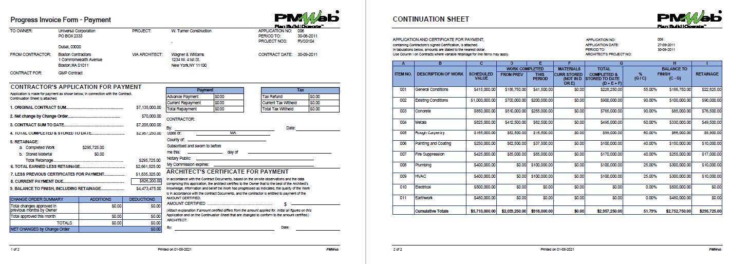 PMWeb 7 Progress Invoice Form Payment
Continuation Sheet 