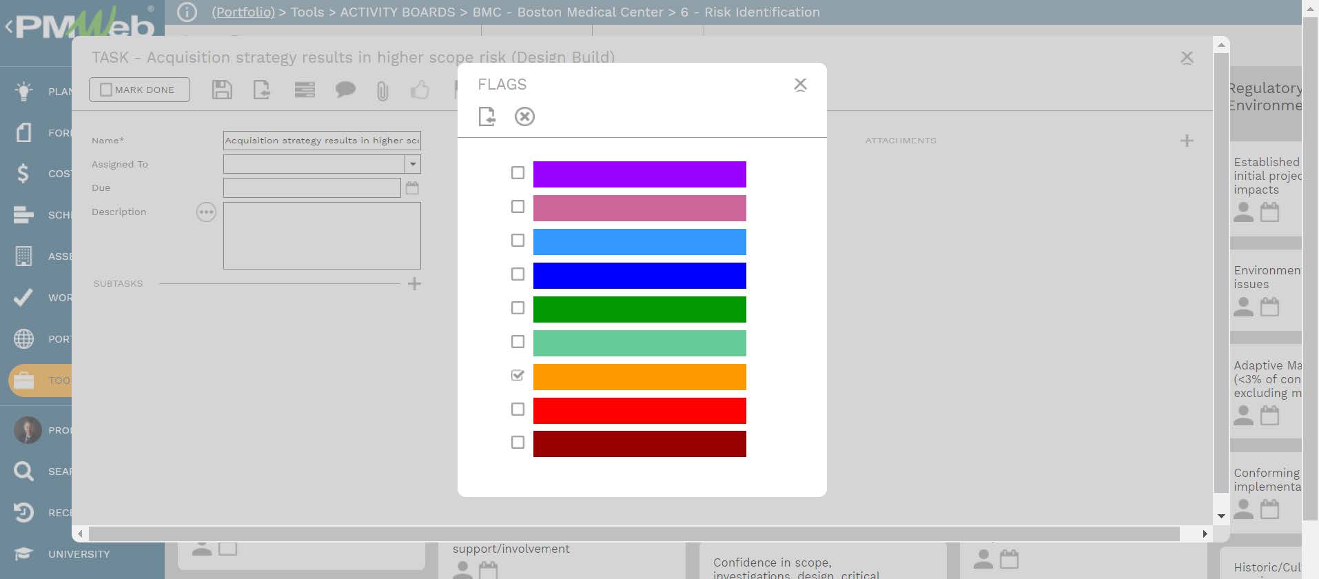 PMWeb 7 Tools Activity Boards BMC 
Boston Medical Center Risk Identification Task Flags 