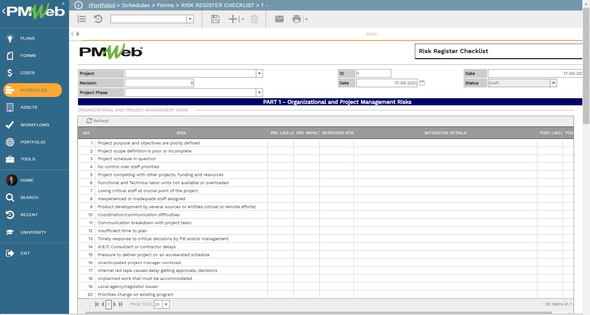 PMWeb 7 Schedules Forms Risk Register Checklist Main