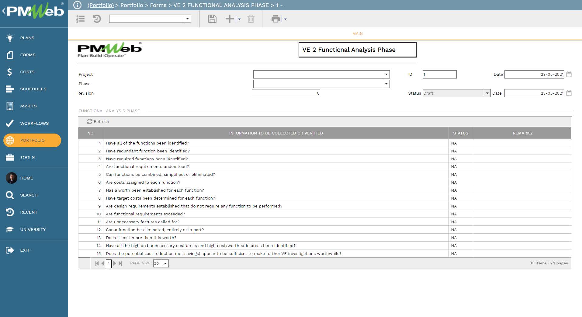 PMWeb 7 Portfolio Forms VE 2 Functional Analysis Phase Main 