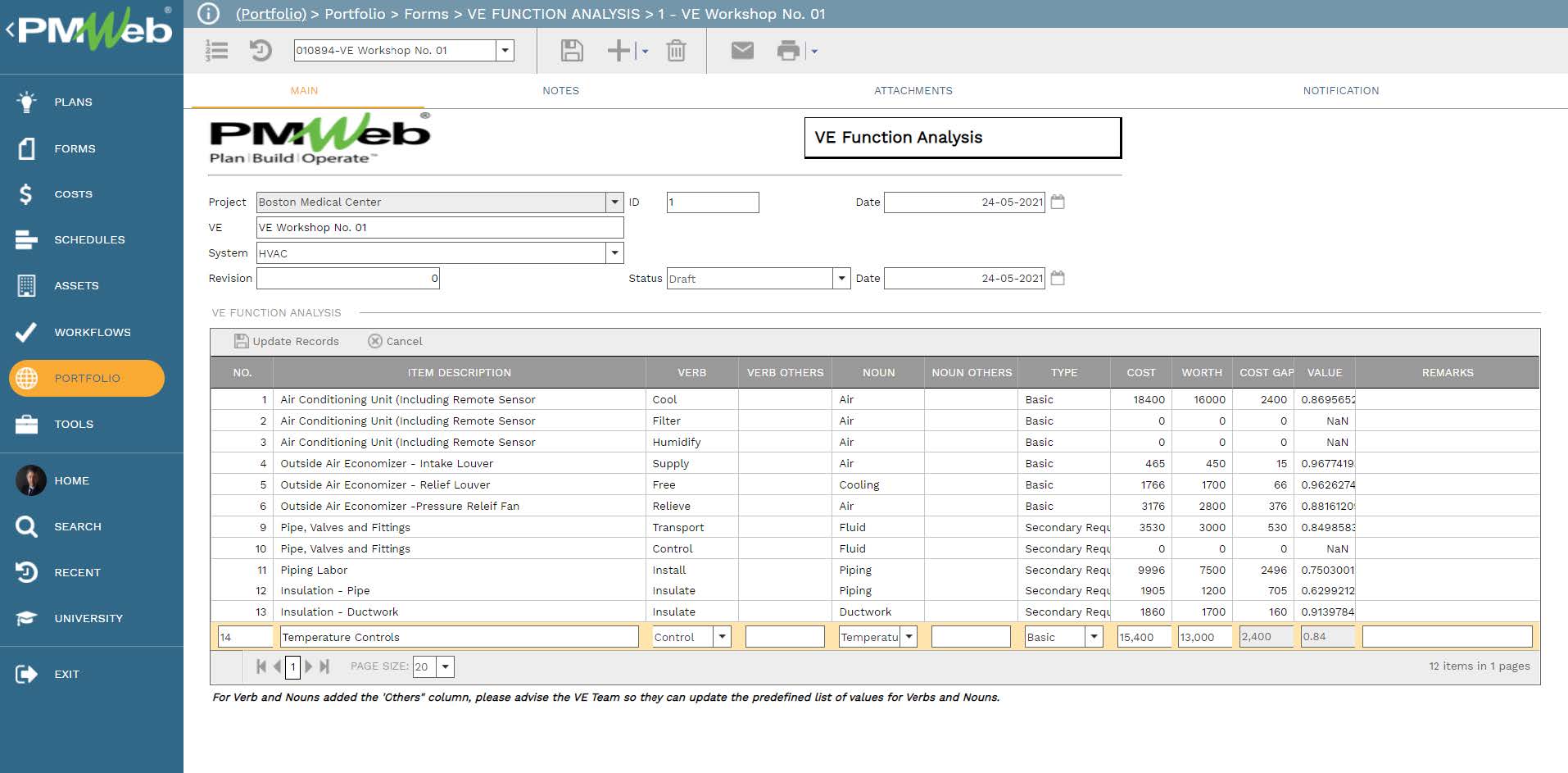 PMWeb 7 Portfolio Forms VE Function Analysis Ve Workshop 