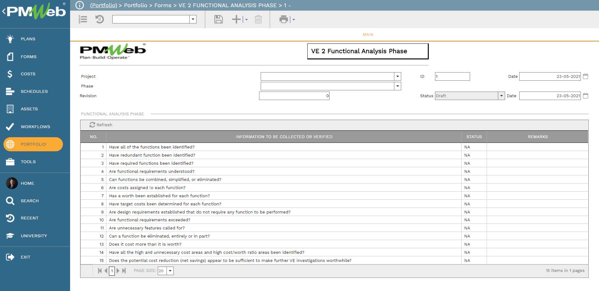PMWeb 7 Portfolio Forms VE Function Analysis Phase 