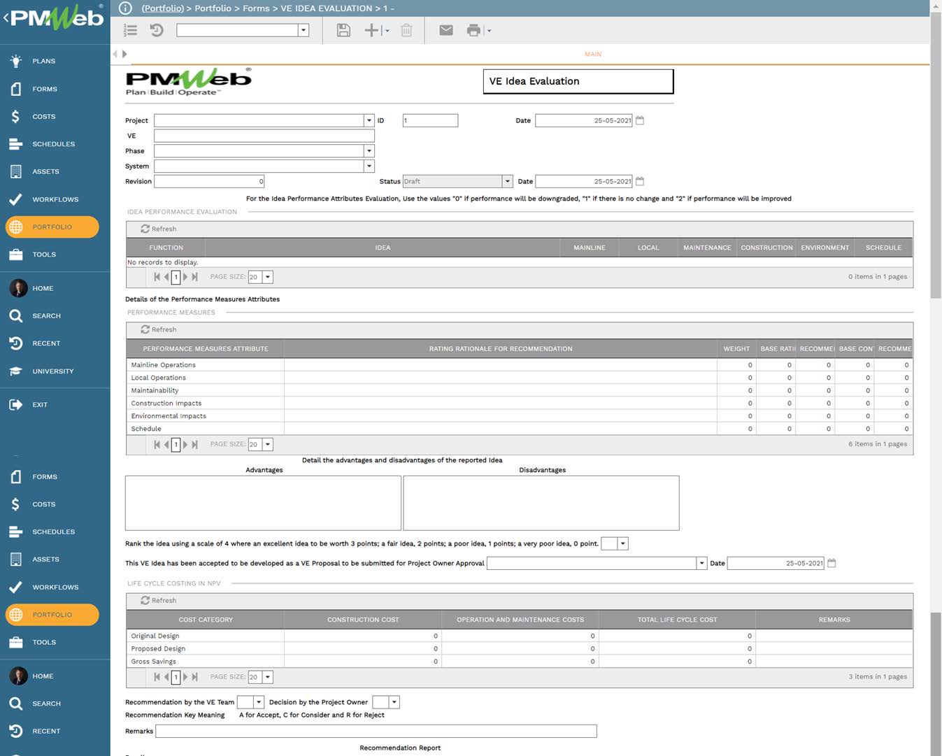 PMWeb 7 Portfolio Forms VE Idea Evaluation  Main 