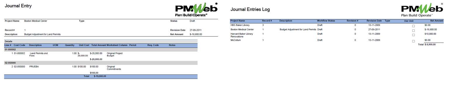 PMWeb 7 Journal Entry / Entries Log 