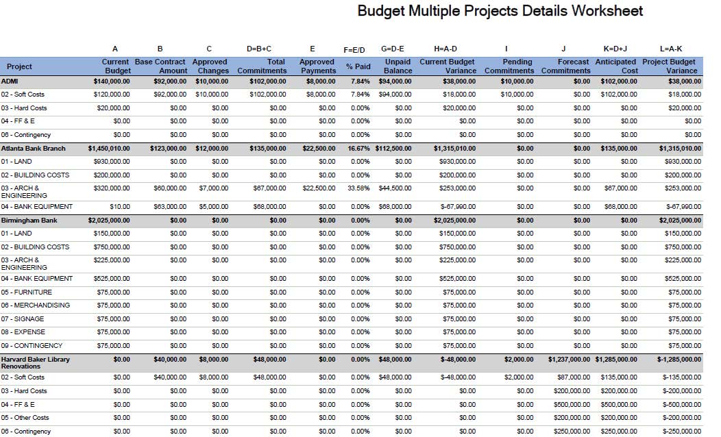 PMWeb 7 Budget Multiple Projects Details Worksheet 