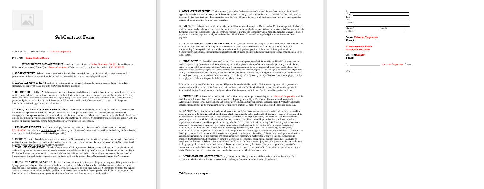 PMWeb 7 SubContract Form 