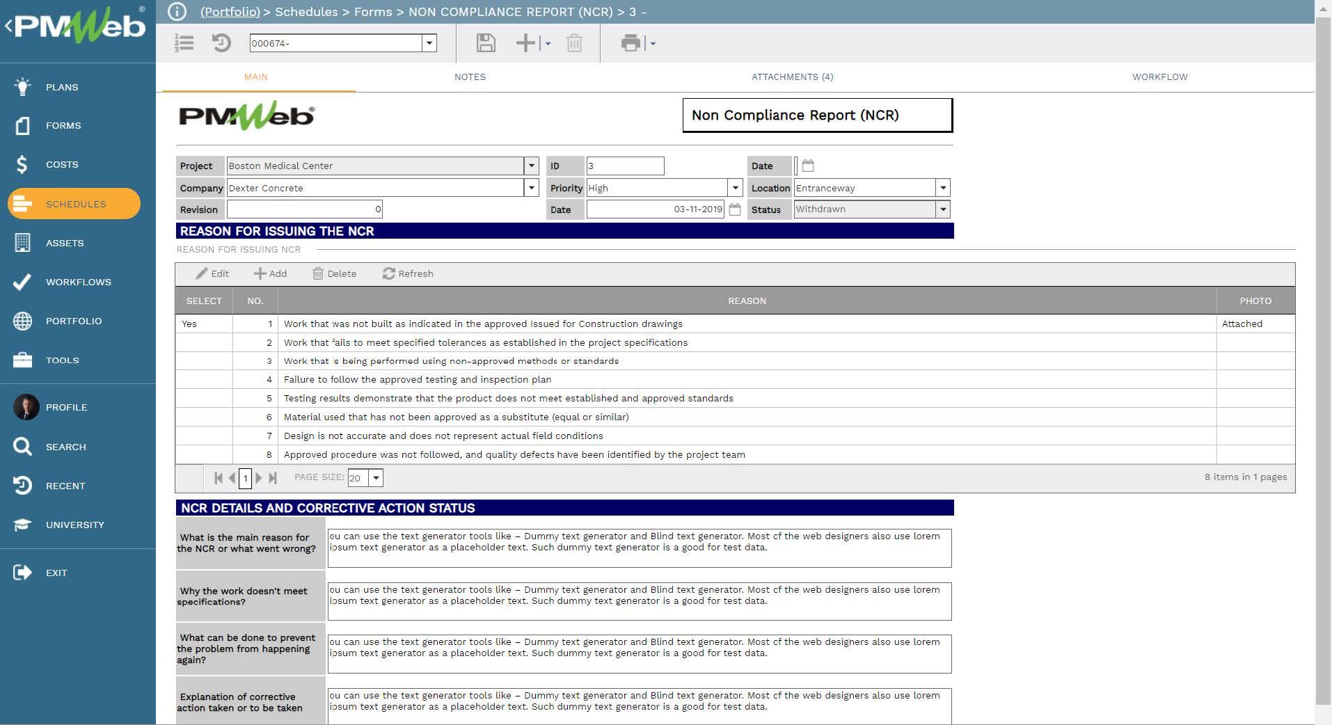PMWeb 7 Schedules Forms Non Compliance Report Main 
