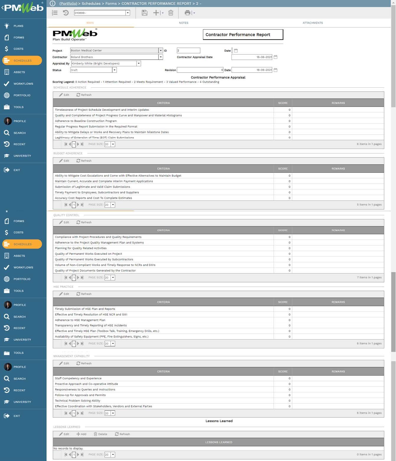 PMWeb 7 Schedules forms Contractor Performance Report Main 