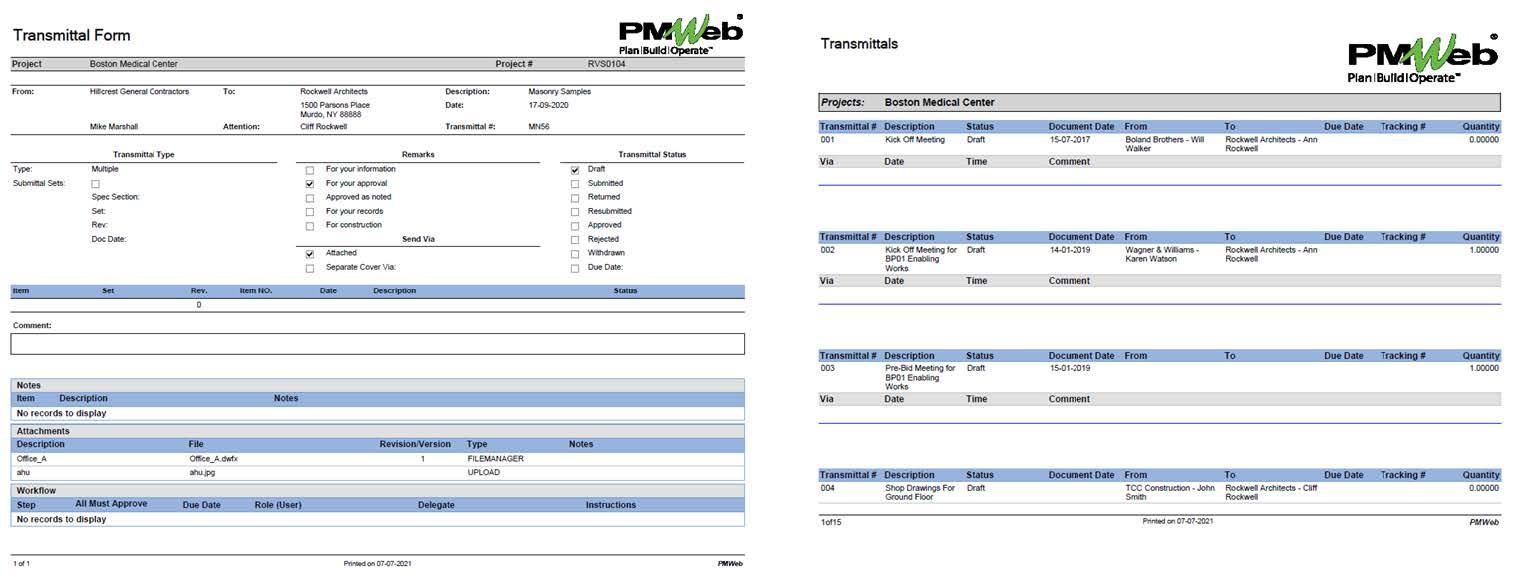 PMWeb 7 Transmittal Form 
Transmittals 