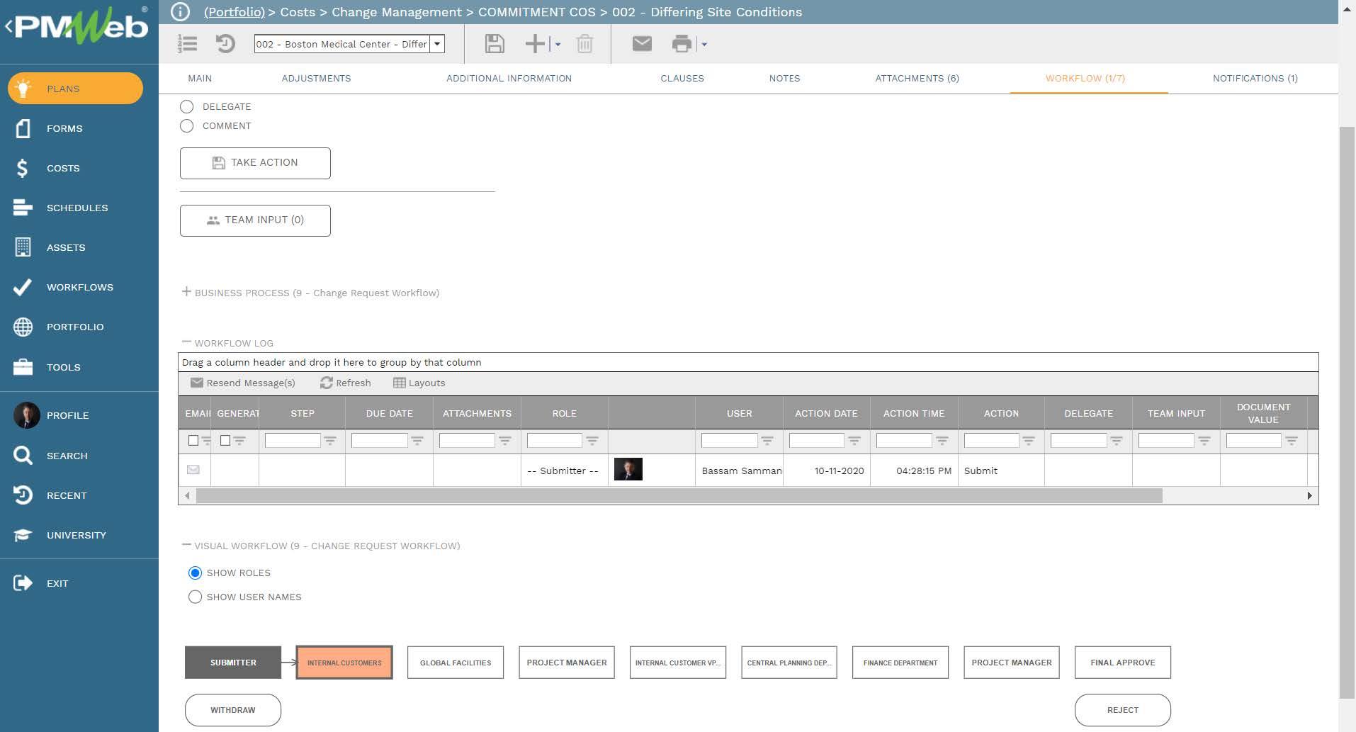 PMWeb 7 Costs Change Management Commitment COS Differing Site Conditions 
Workflow 