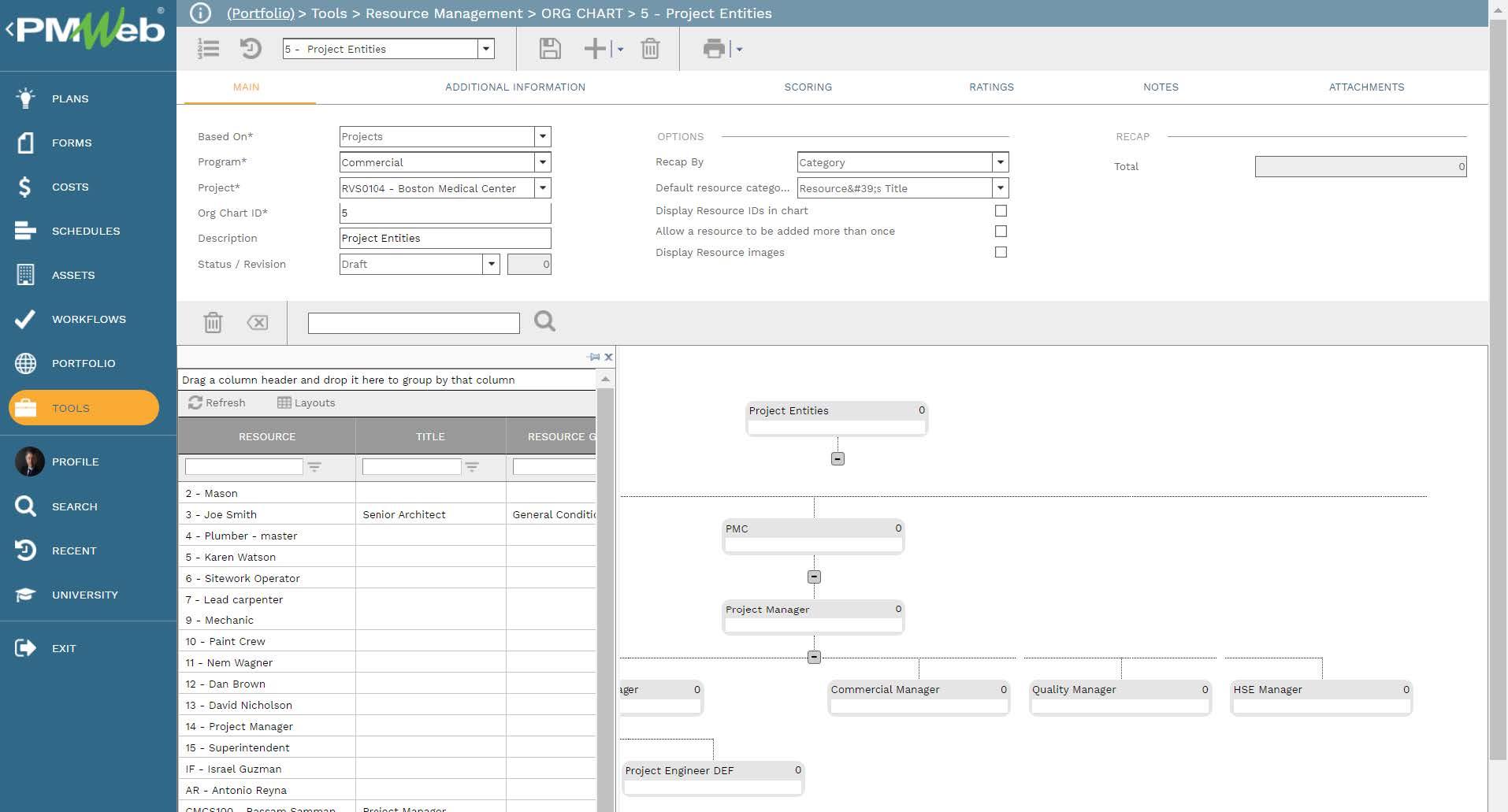 PMWeb 7 Tools Resource Management ORG Chart Project Entities 
Main 