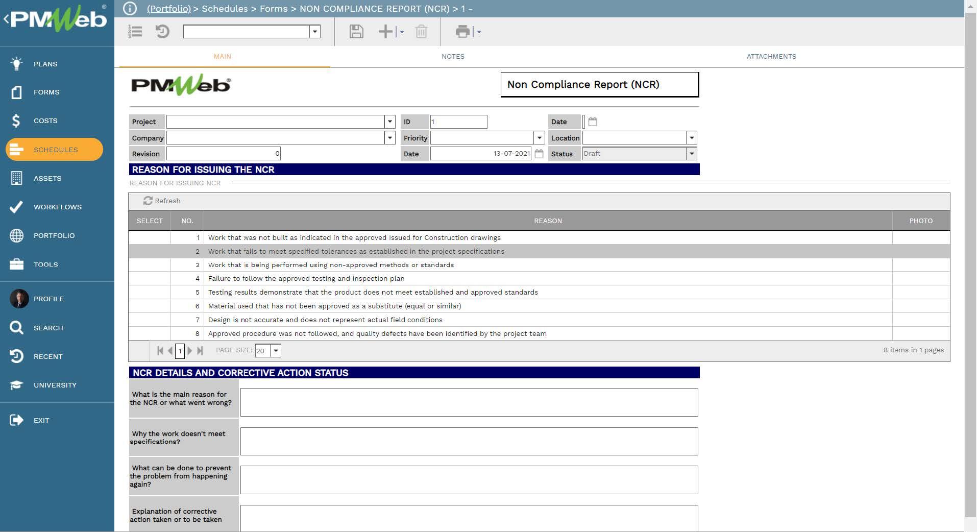 PMWeb 7 Schedules Forms Non Compliance Report 
Main 