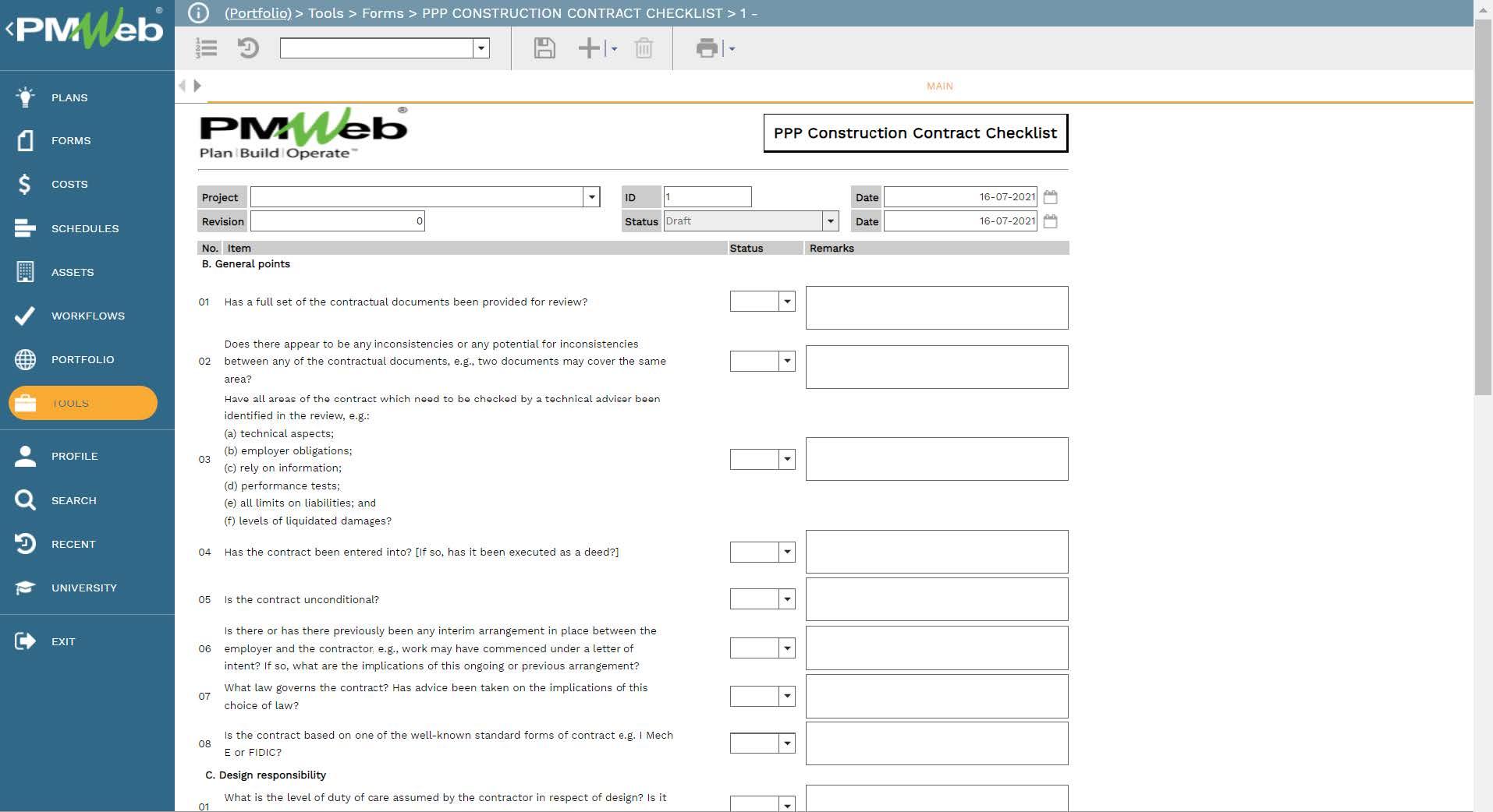 PMWeb 7 Tools Form Builder PPP Construction Contract Checklist 
Main