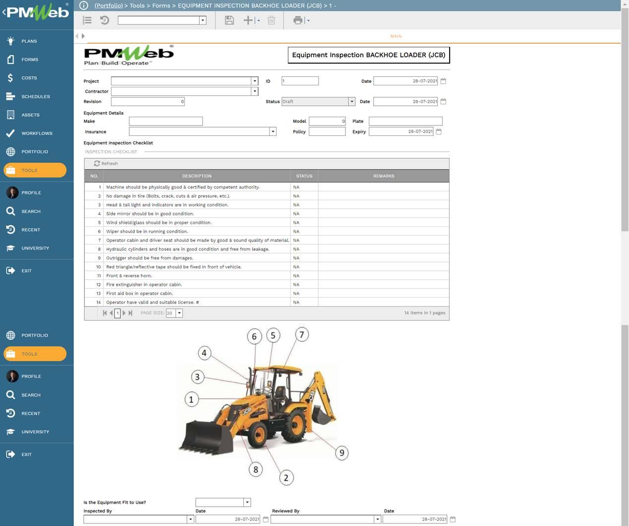PMWeb 7 Tools Forms Equipment Inspection Backhoe Loader 
Main