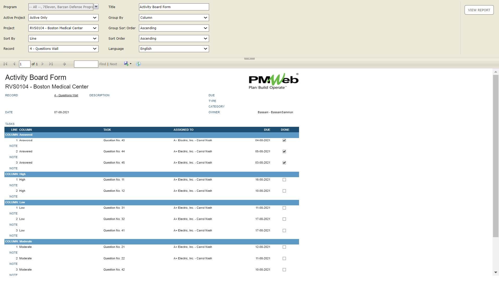 PMWeb 7 Tools Activity Boards Form