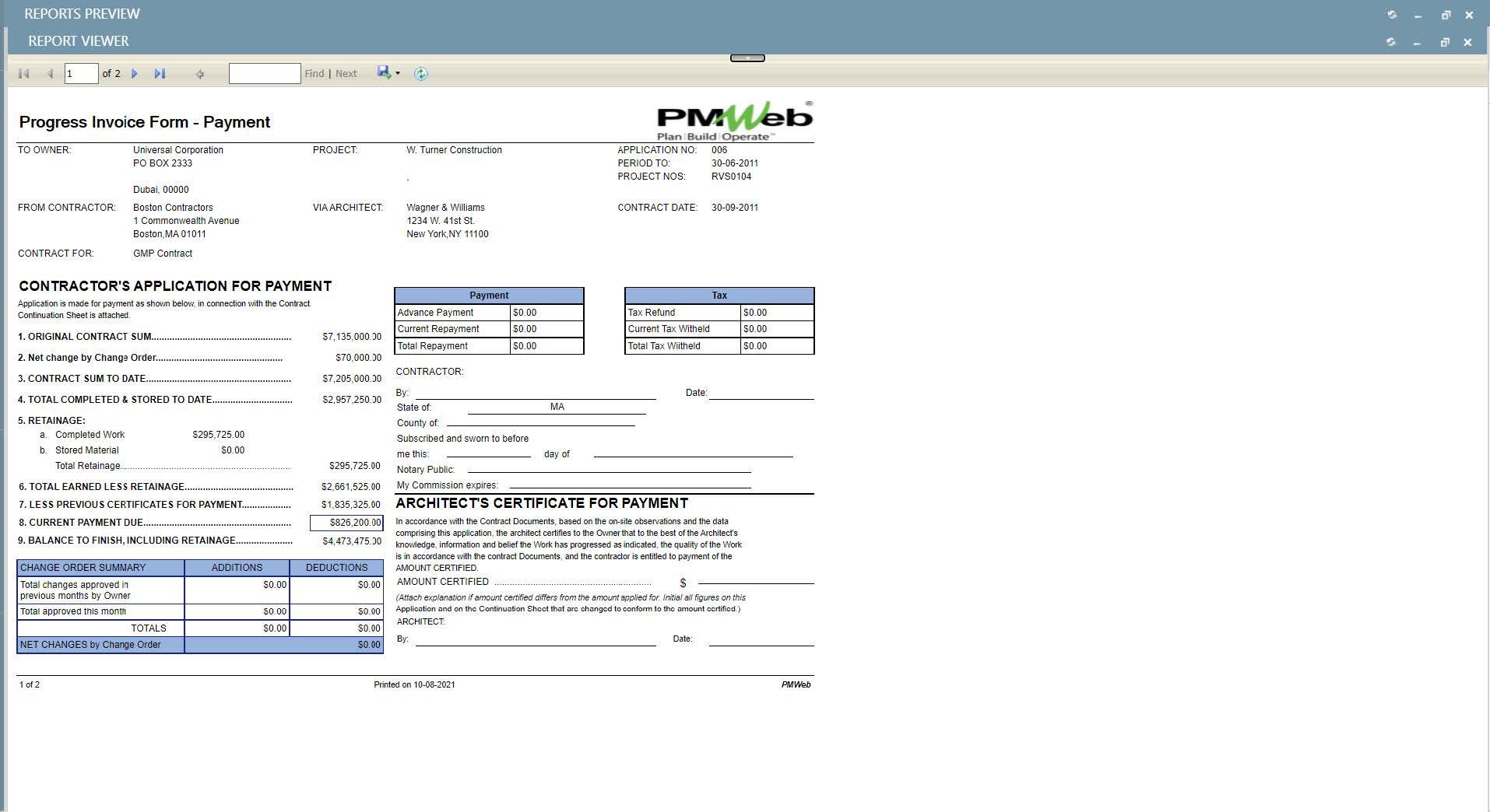 PMWeb 7 Reports Preview Report Viewer 
Progress Invoice Form Payment 