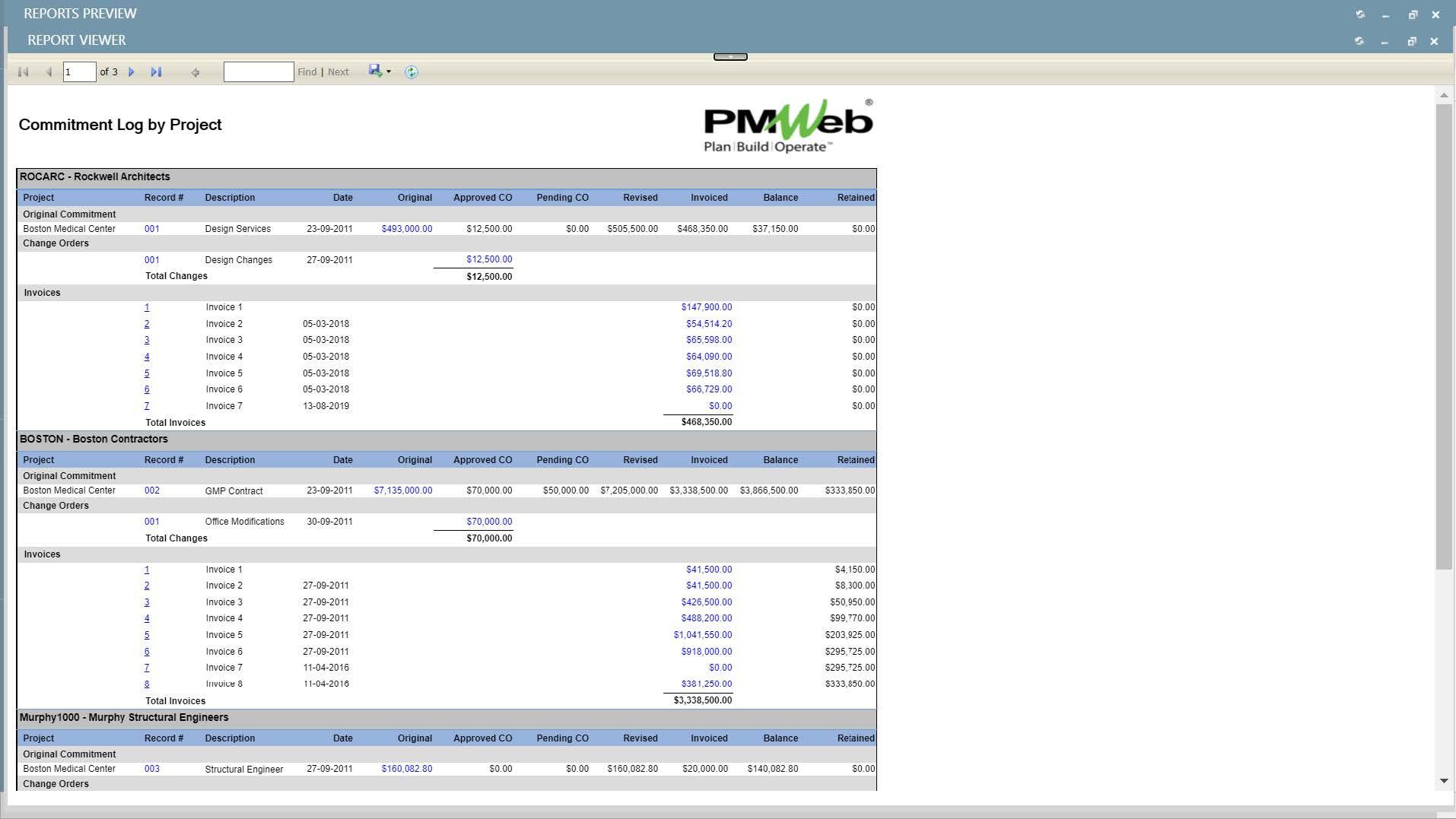 PMWeb 7 Reports Preview Report Viewer 
Commitment Log by Project