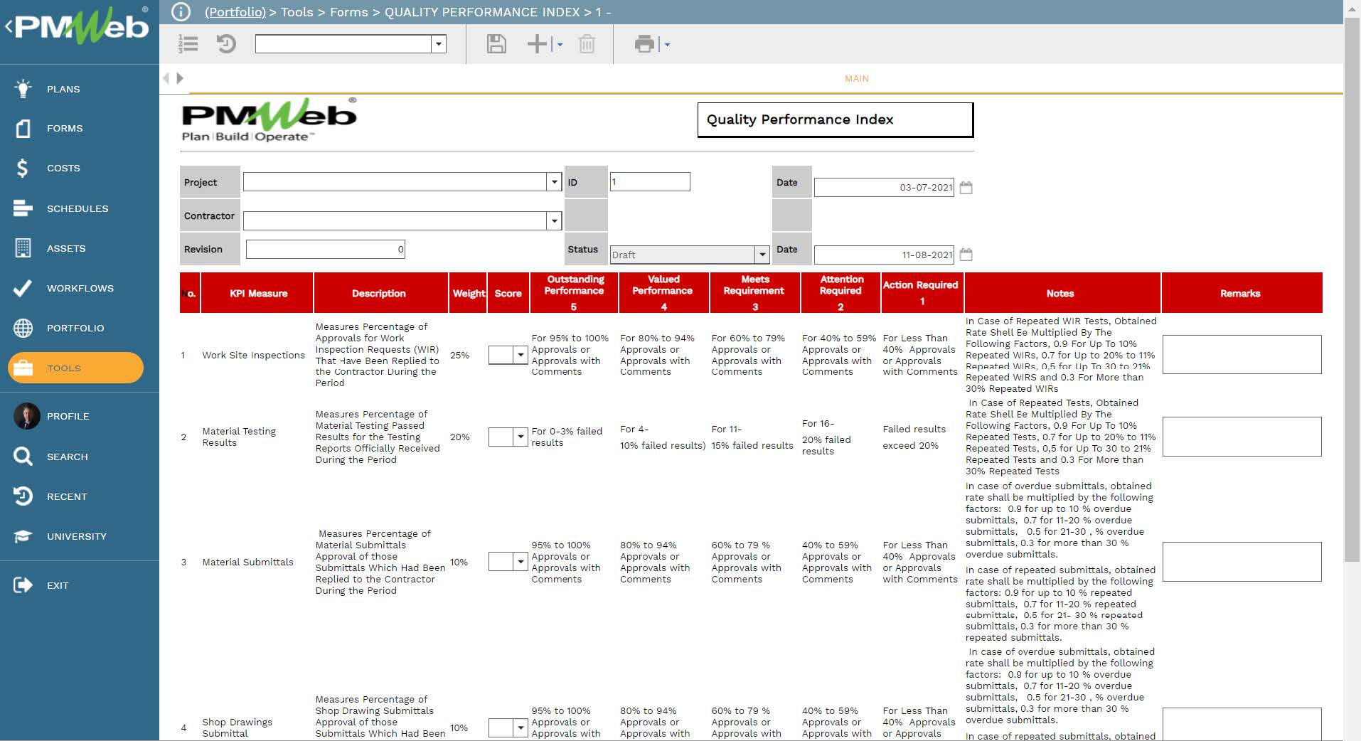 PMWeb 7 Tools Forms Quality Performance Index 
Main 