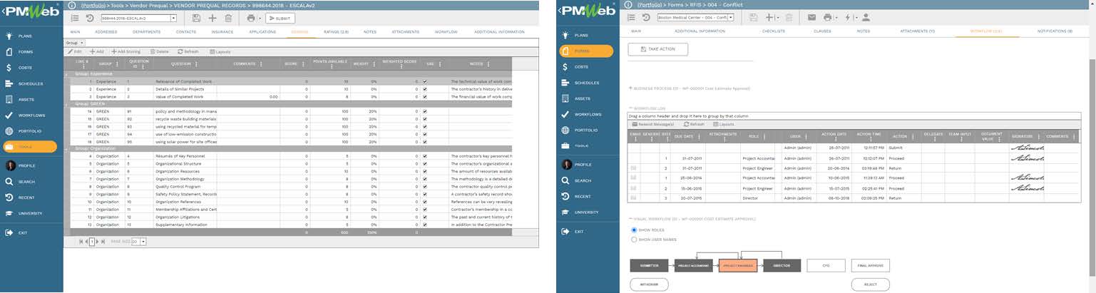 PMWeb 7 Tools Vendor Prequal Vendor Prequal Records Scoring 
Forms RFIs Conflict Workflow 