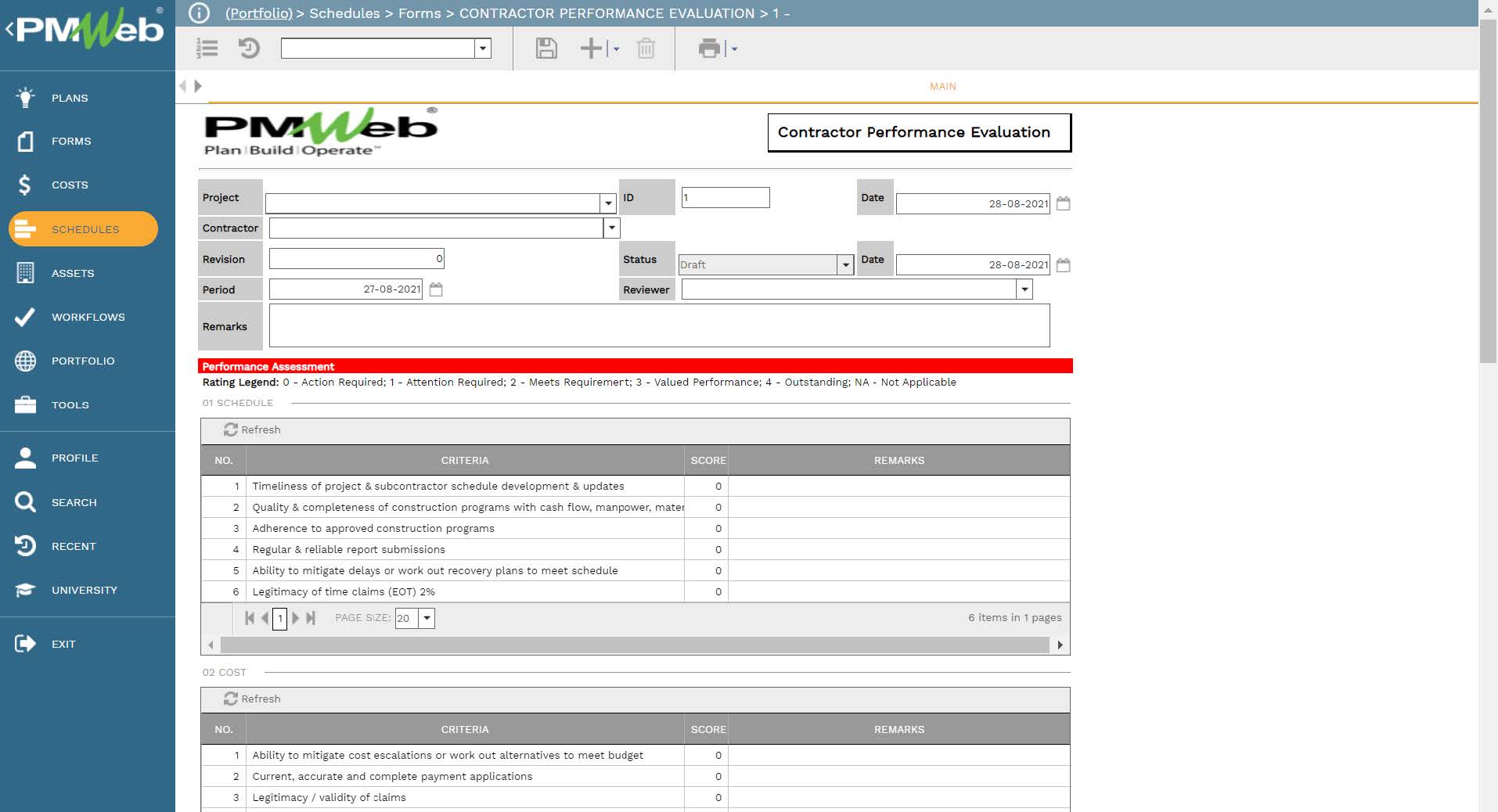 PMWeb 7 Schedules Forms Contractor Performance Evaluation 