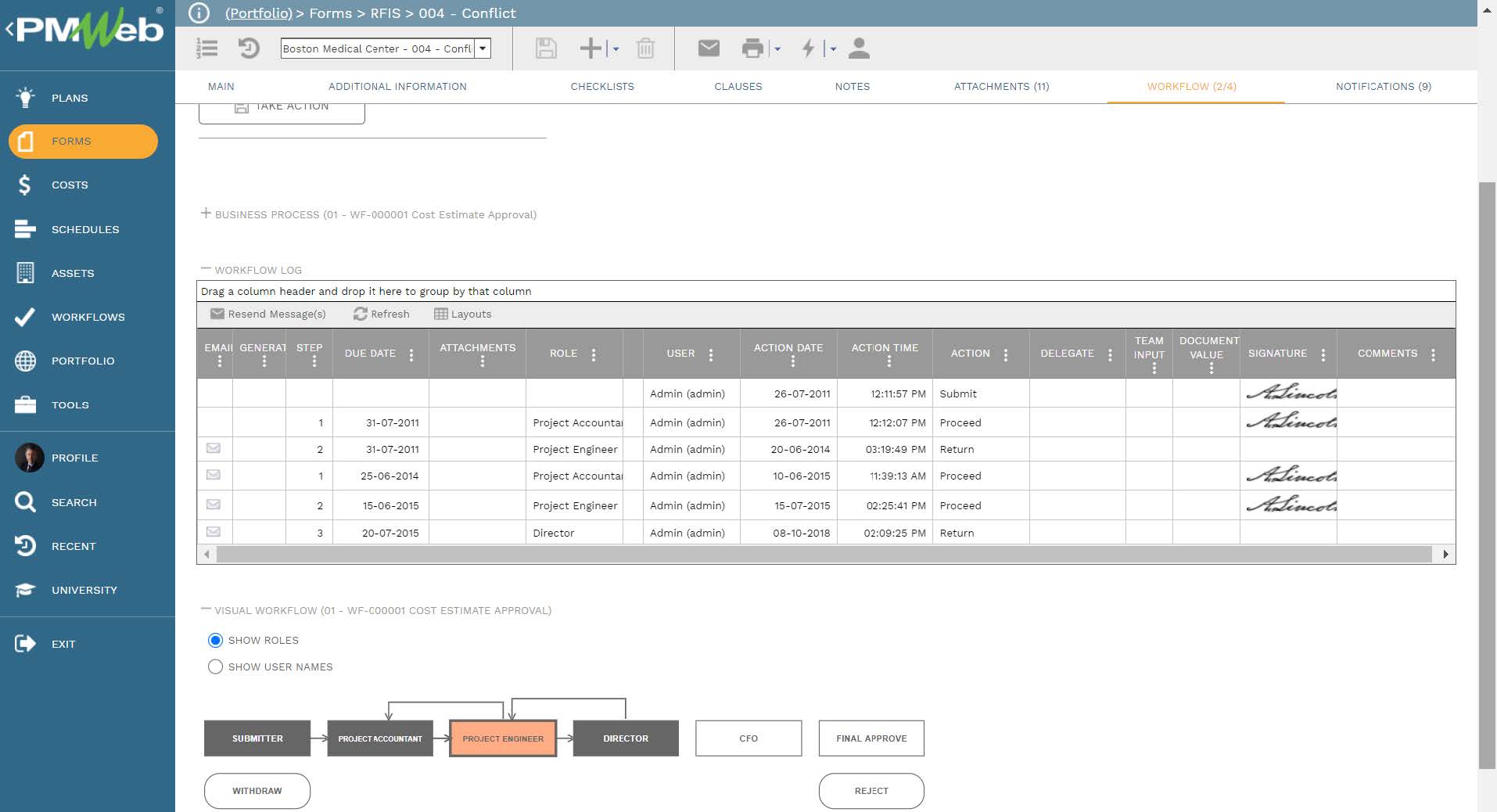 PMWeb 7 Forms RFIs Conflict 
Workflow 