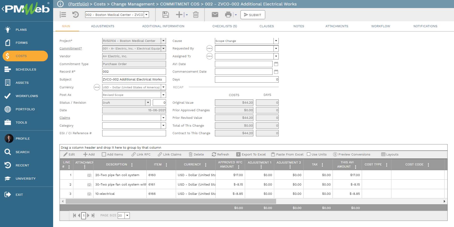 PMWeb 7 Costs Change Management  Commitment COS Additional Electrical Works 
Main