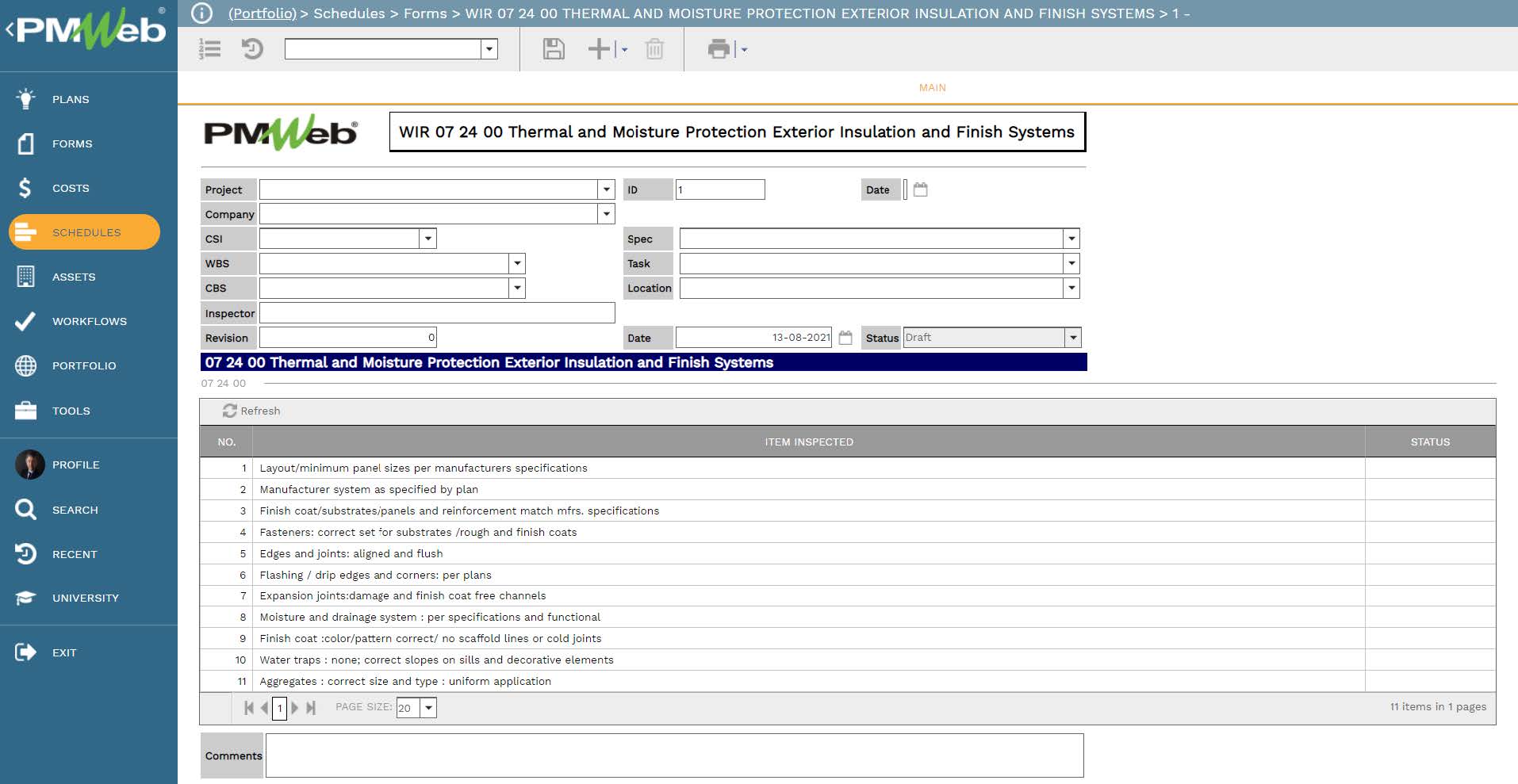 PMWeb 7 Schedules Forms 
Main