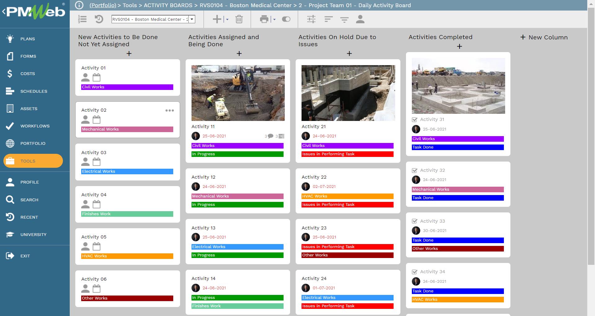 PMWeb 7 Tools Activity Boards Boston Medical Center Project Team Daily Activity 