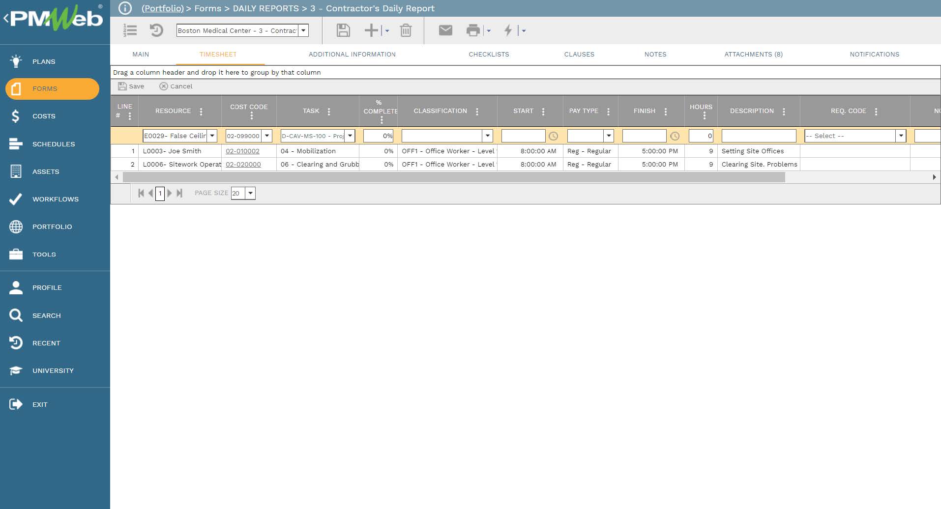 PMWeb 7 Forms Daily Reports Contractors Daily Report 
Timeline 