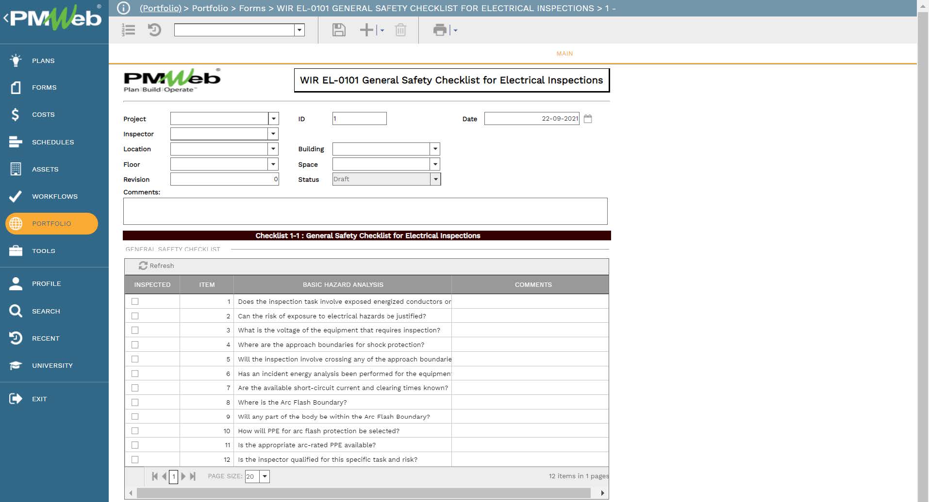 PMWeb 7 Portfolio Forms WIR EL-0101 General Safety Checklist For Electrical For Electrical Inspections
Main 