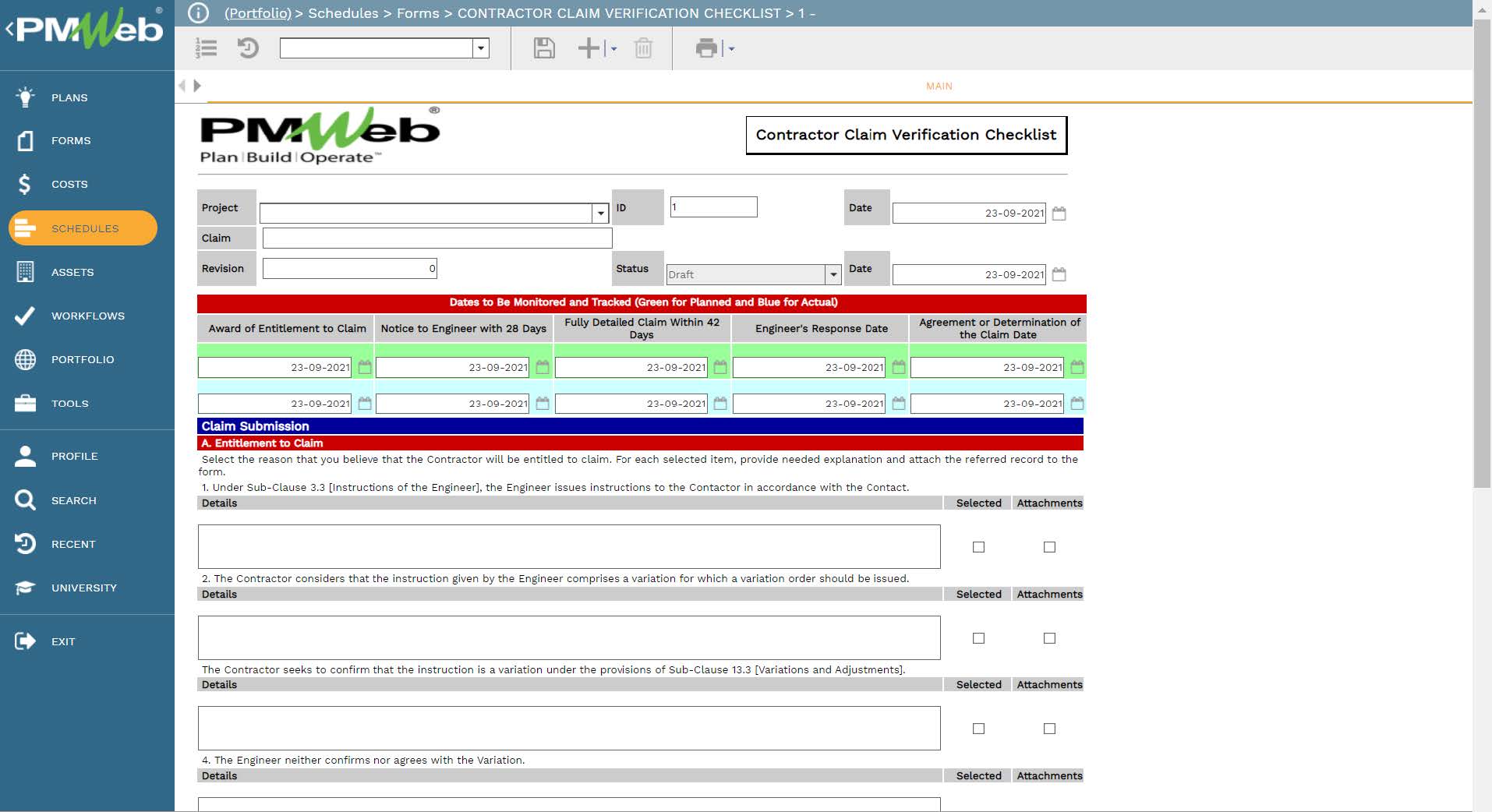 PMWeb 7 Schedules Forms Contractor Claim Verification Checklist for variation-related claim steps