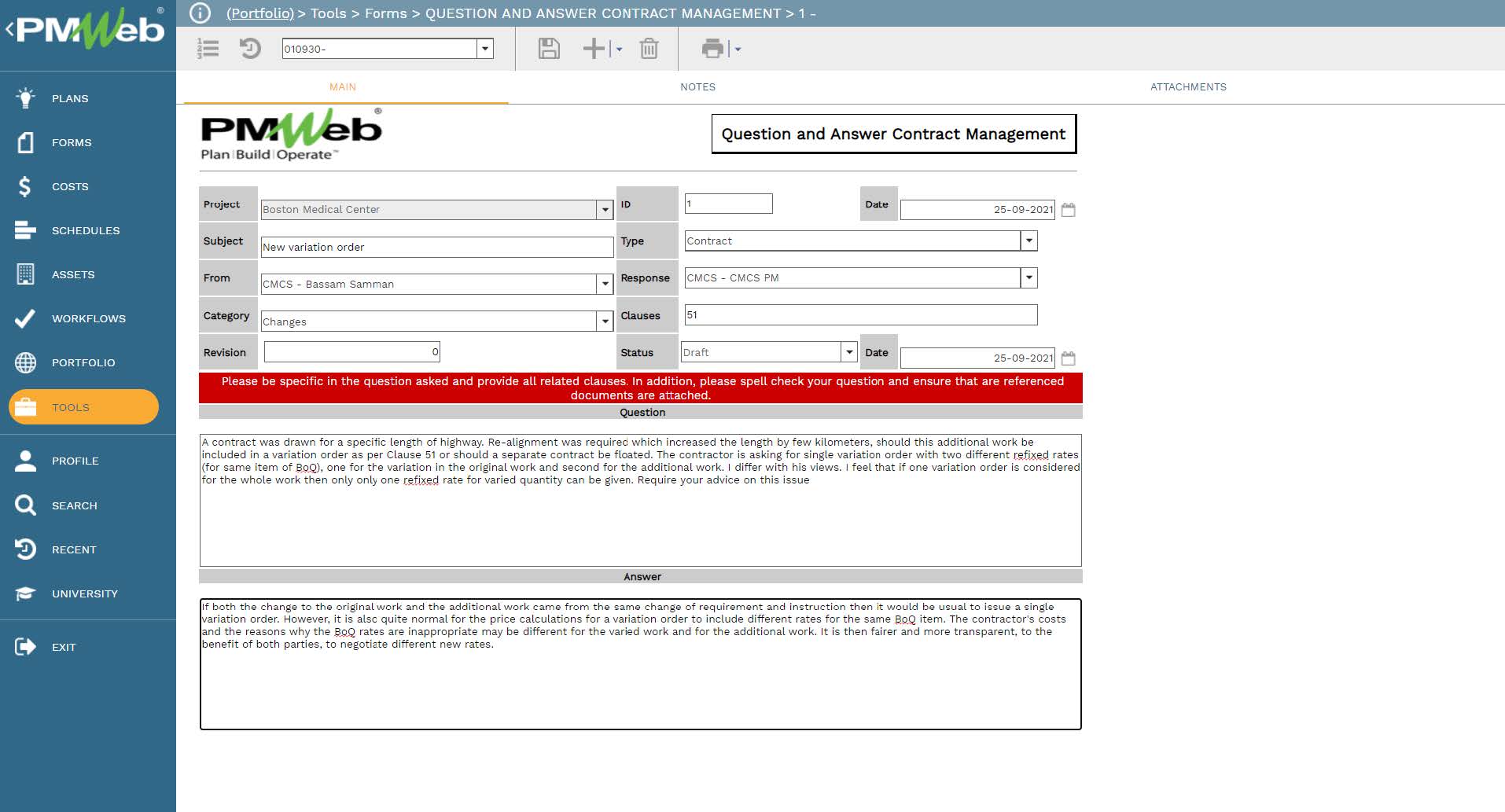 PMWeb 7 Tools Forms Questions and Answers Contract Management 
Main