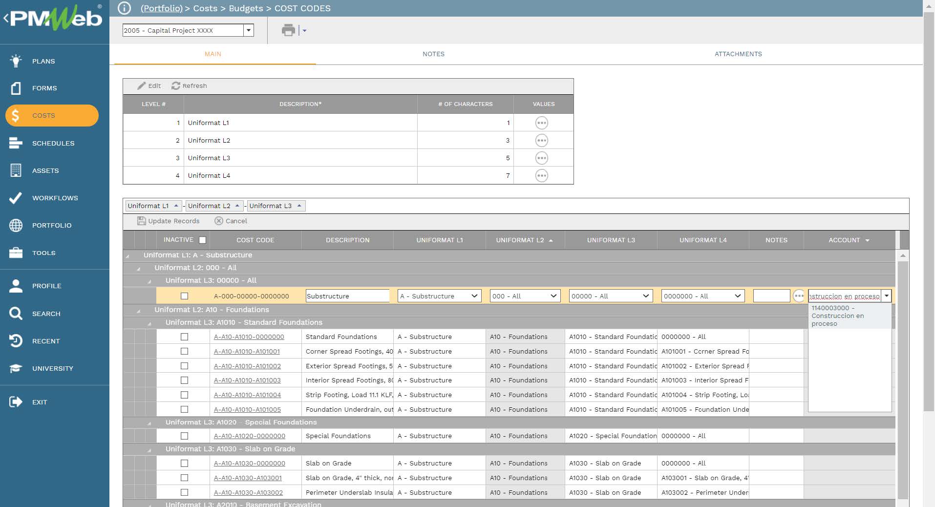 PMWeb 7 Costs Budgets Cost Codes 
Main 
