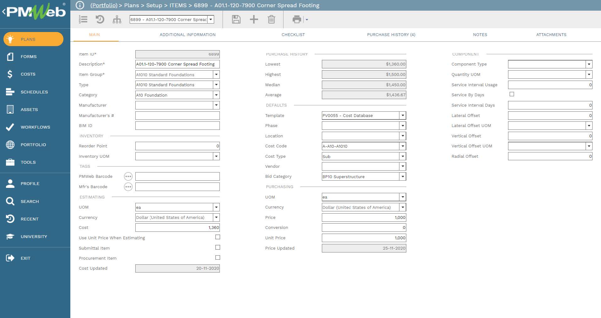 PMWeb 7 Plans Setup Items Corner Spread Footing 
Main
