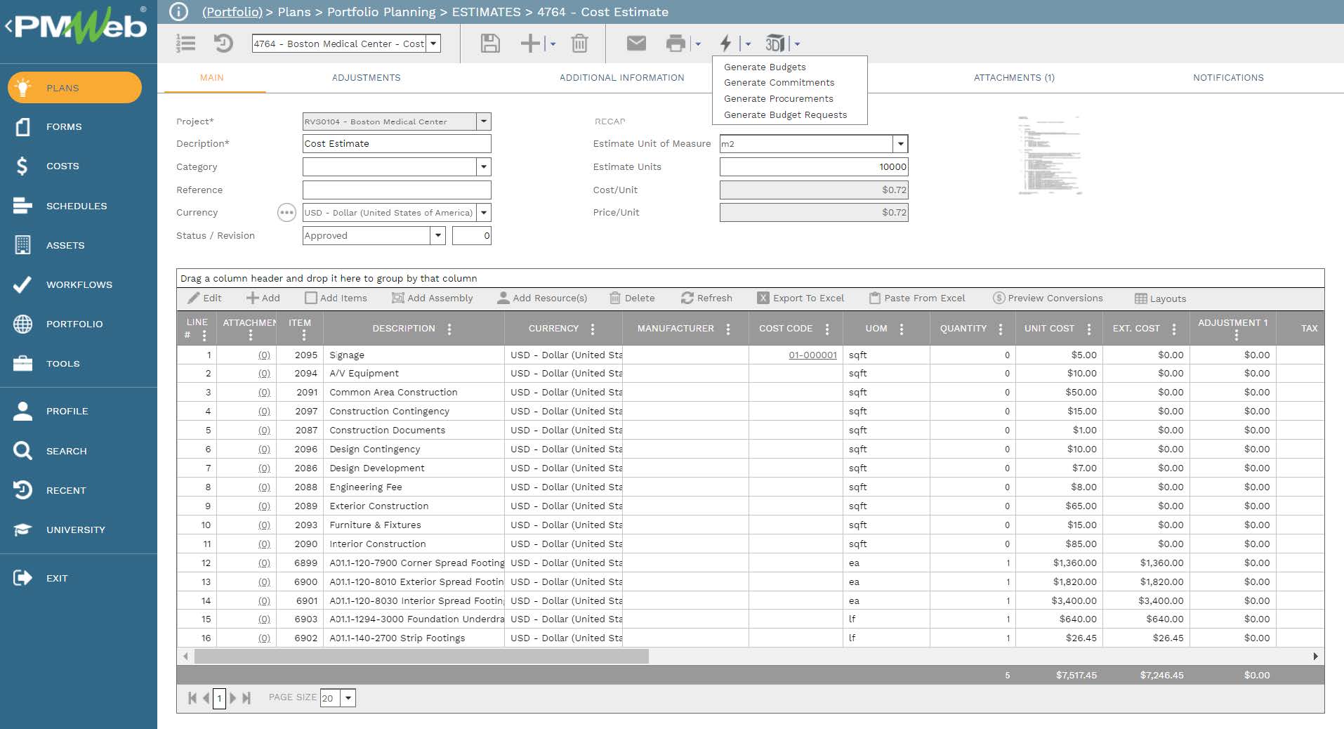 PMWeb 7 Plans Portfolio Planning Estimates Cost Estimate 
Main 