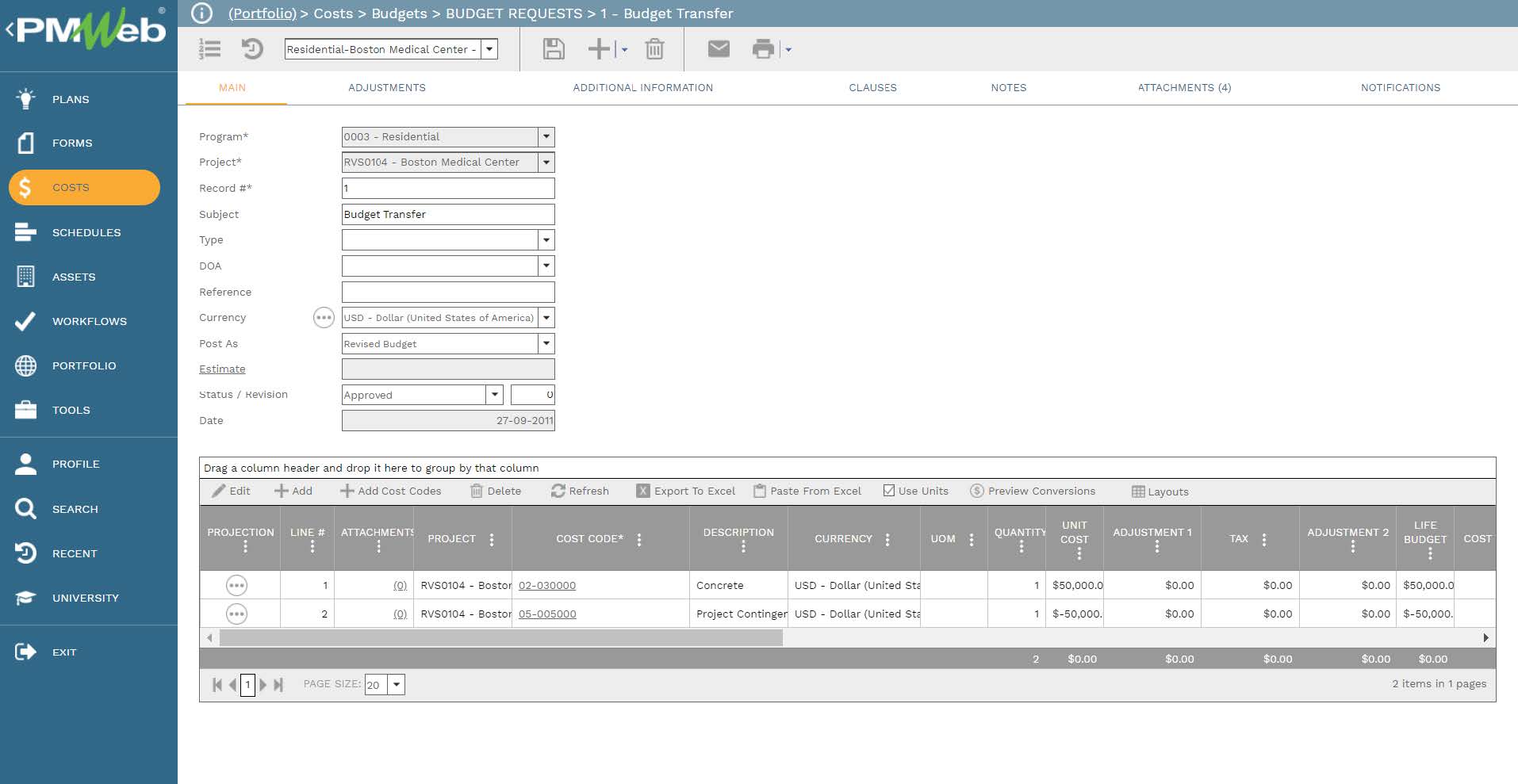 PMWeb 7 Costs Budgets Budget Requests Budget Transfer 
Main 
