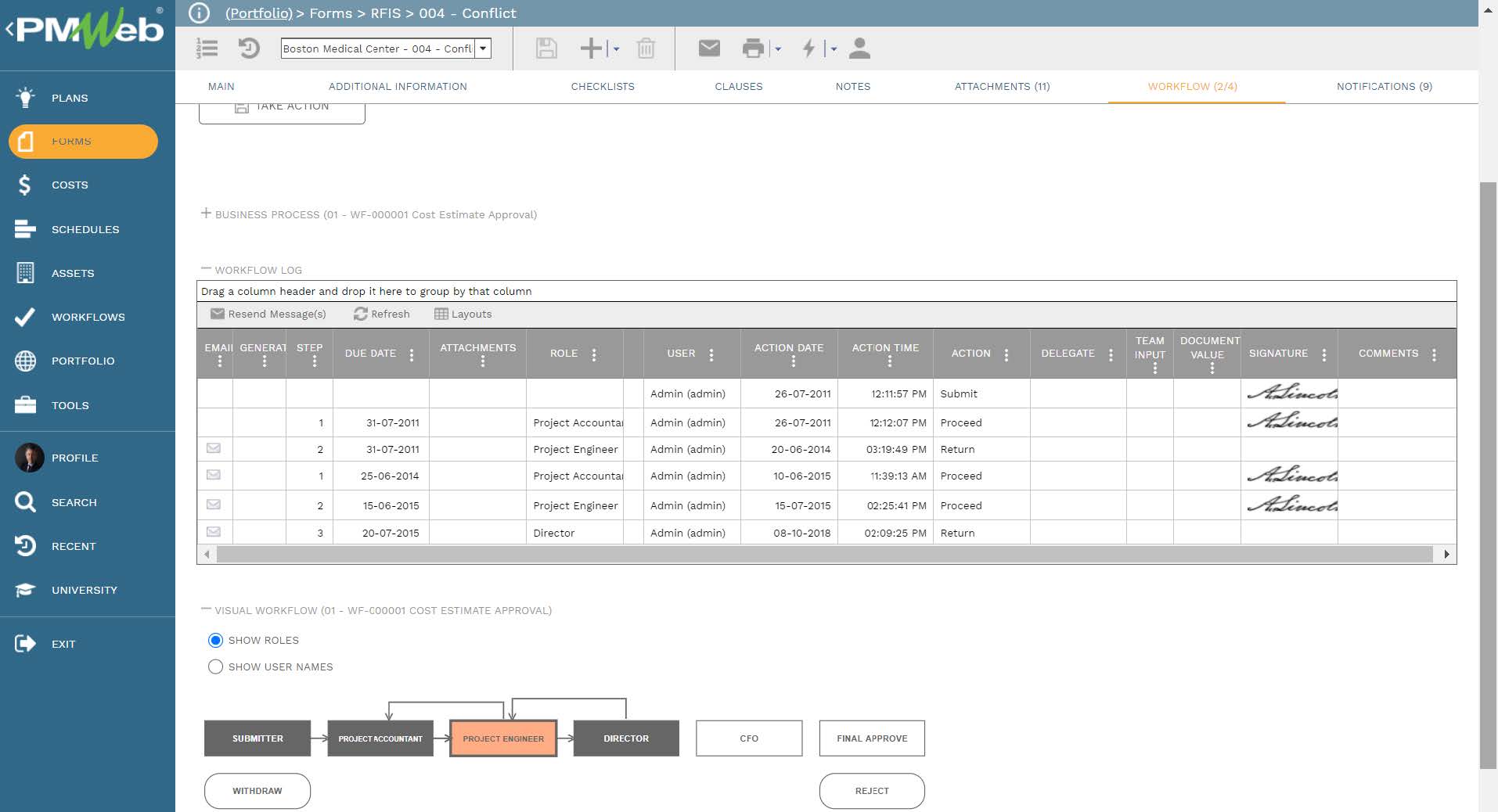 PMWeb 7 Forms RFIs Conflict Workflow 