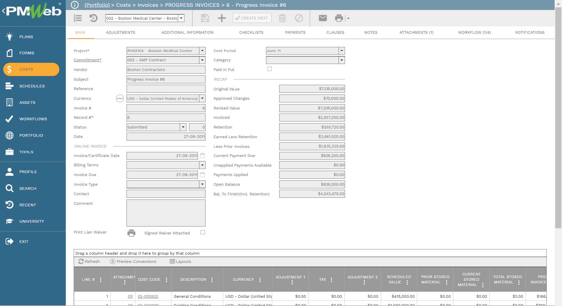 PMWeb 7 Costs Invoices Progress Invoices Progress Invoice 