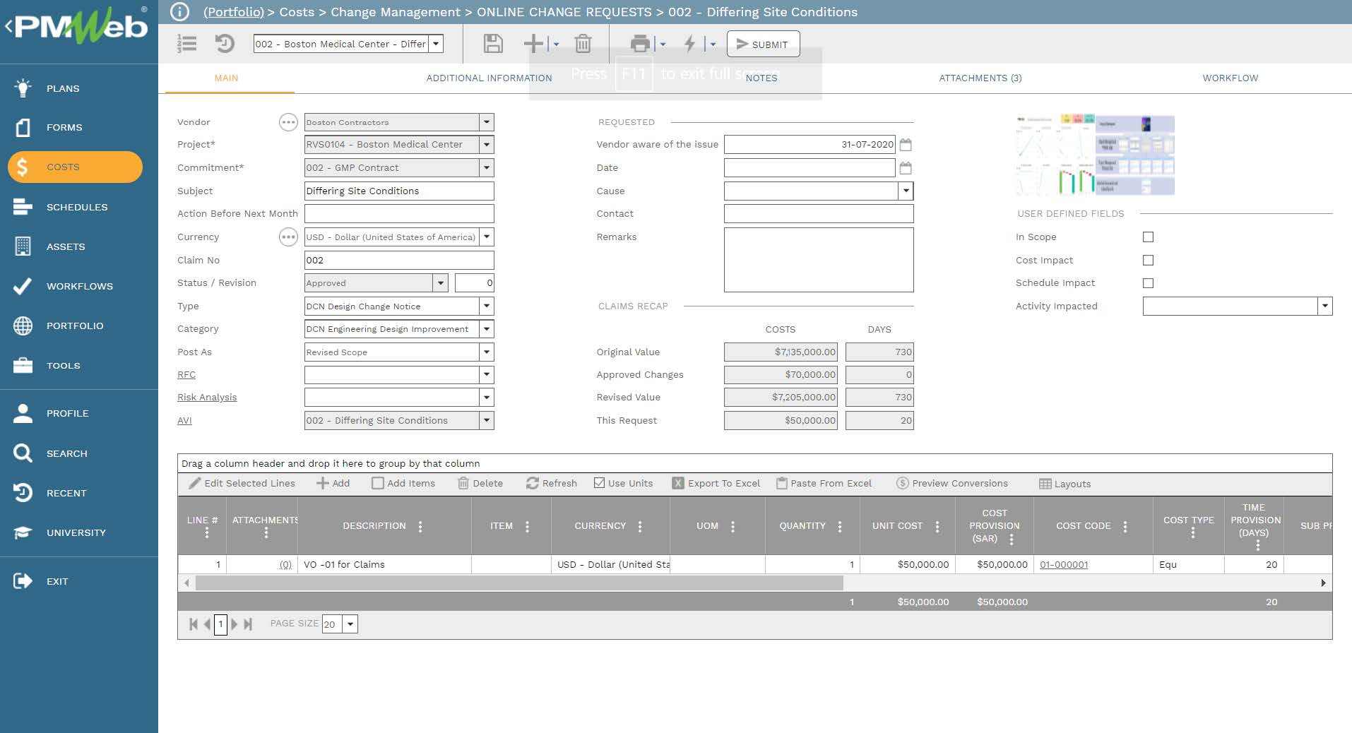 PMWeb 7 Costs Change Management Online Change Requests Differing Site Conditions