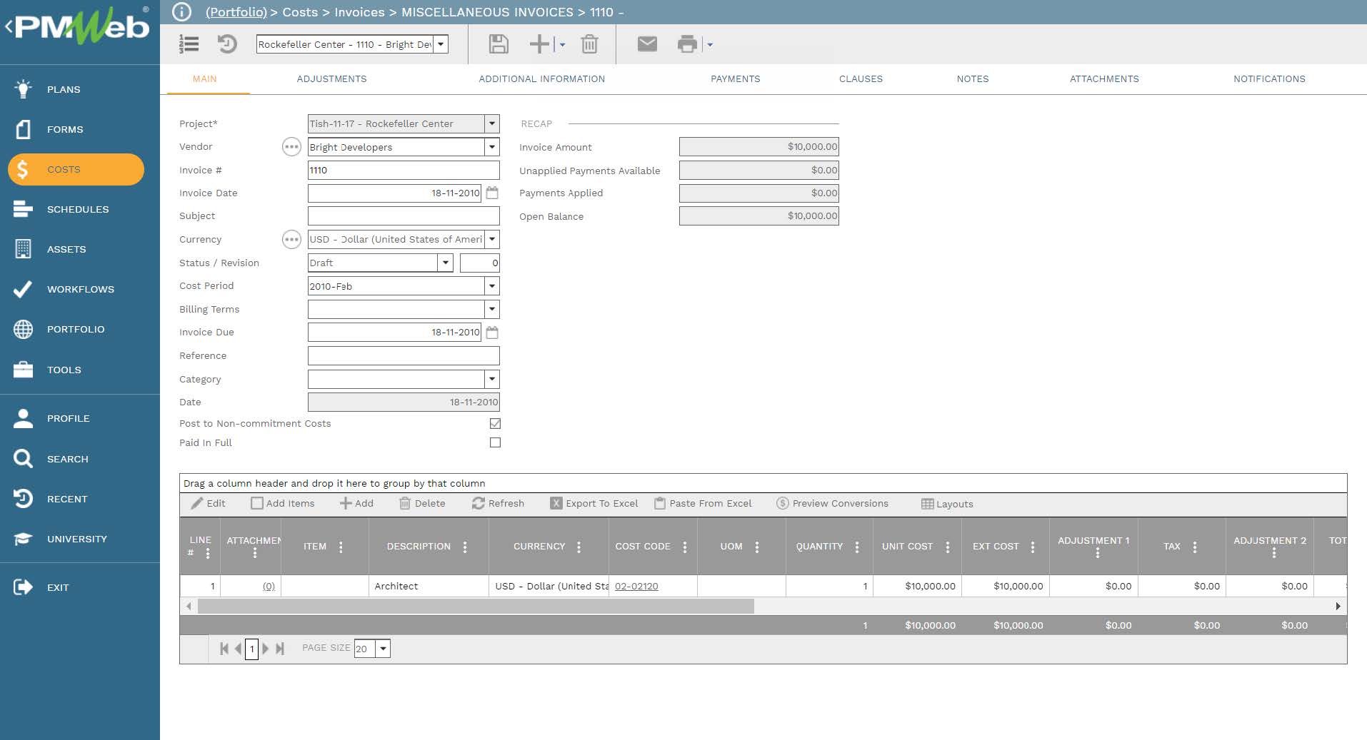 PMWeb 7 Costs Invoices Miscellaneous Invoices 
Main 