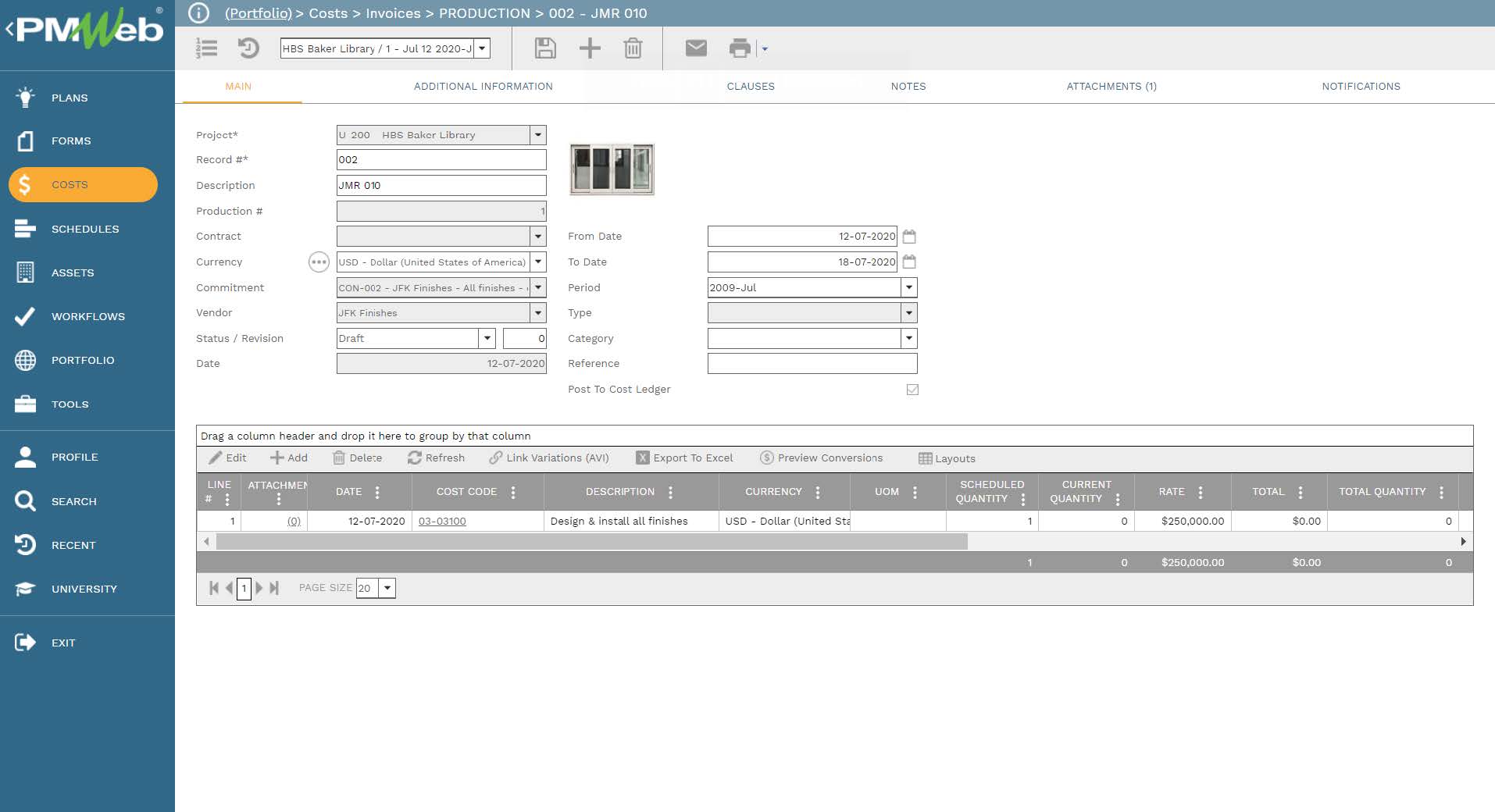 PMWeb 7 Costs Invoices Production JMR 010
Main 